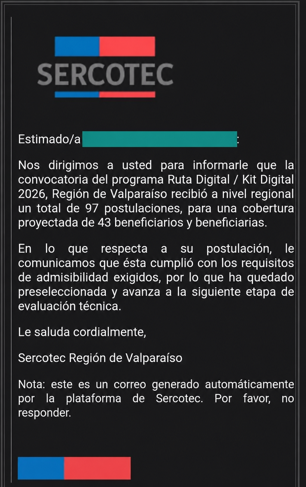 Correo de Sercotec Región de Valparaíso informando 97 postulaciones y una cobertura proyectada de 43 beneficiarios para Ruta Digital Kit Digital 2026